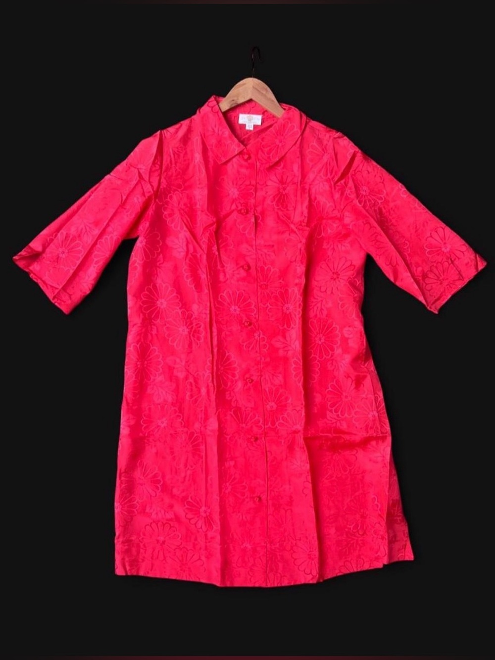 Vintage 1950’s 60’s Dynasty Hong Kong red silk jacquard duster shirt dress